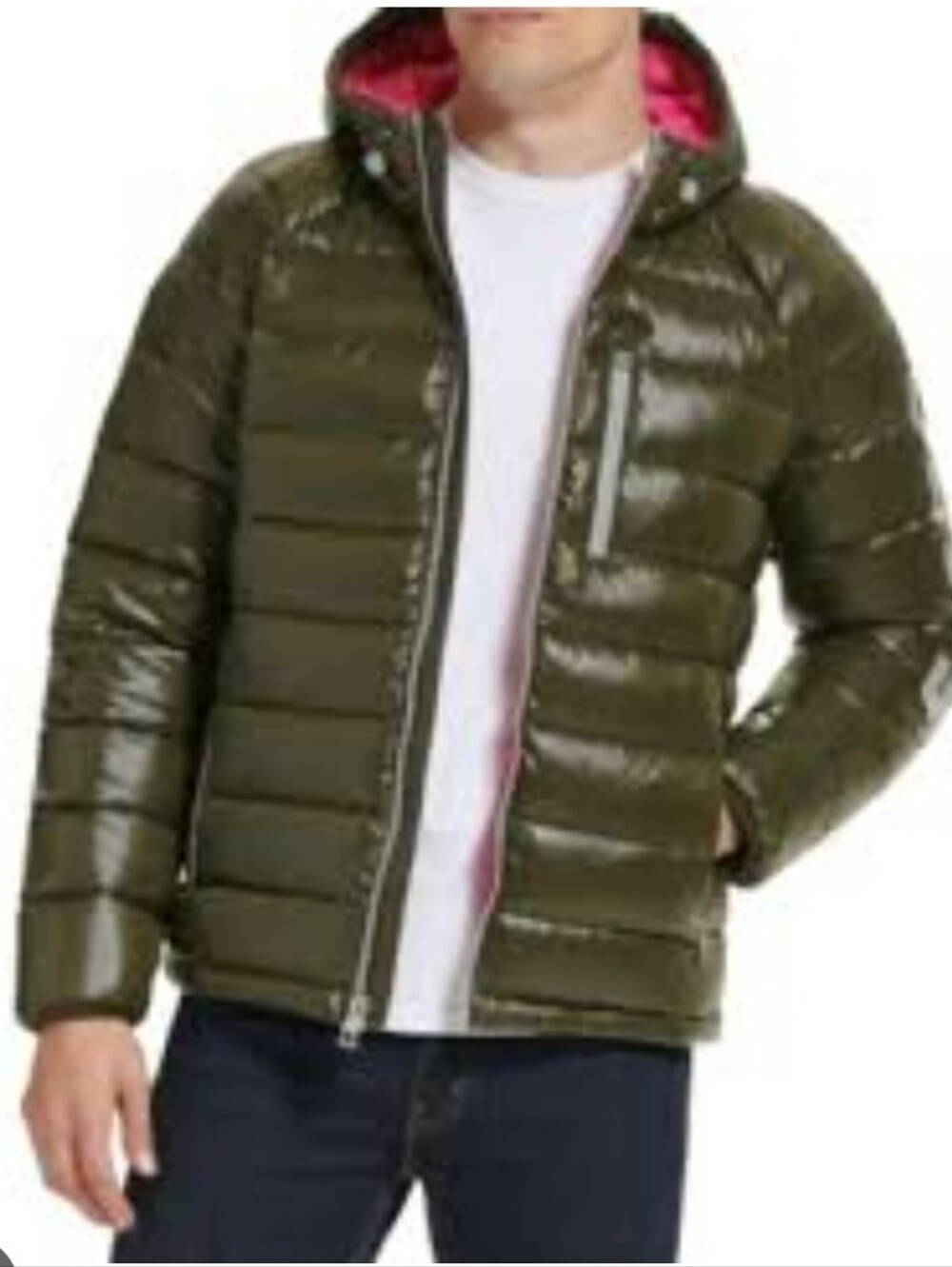 Guess MEN'S Army GREEN PINK QUILTED HOODED PUFFER JACKET Full Zip Sz L